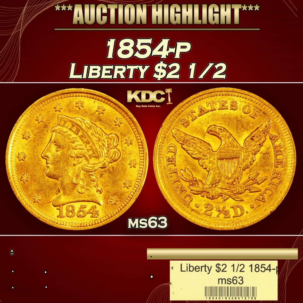 1854-p Gold Liberty Quarter Eagle $2 1/2 ms63 USCG (1 of 4)