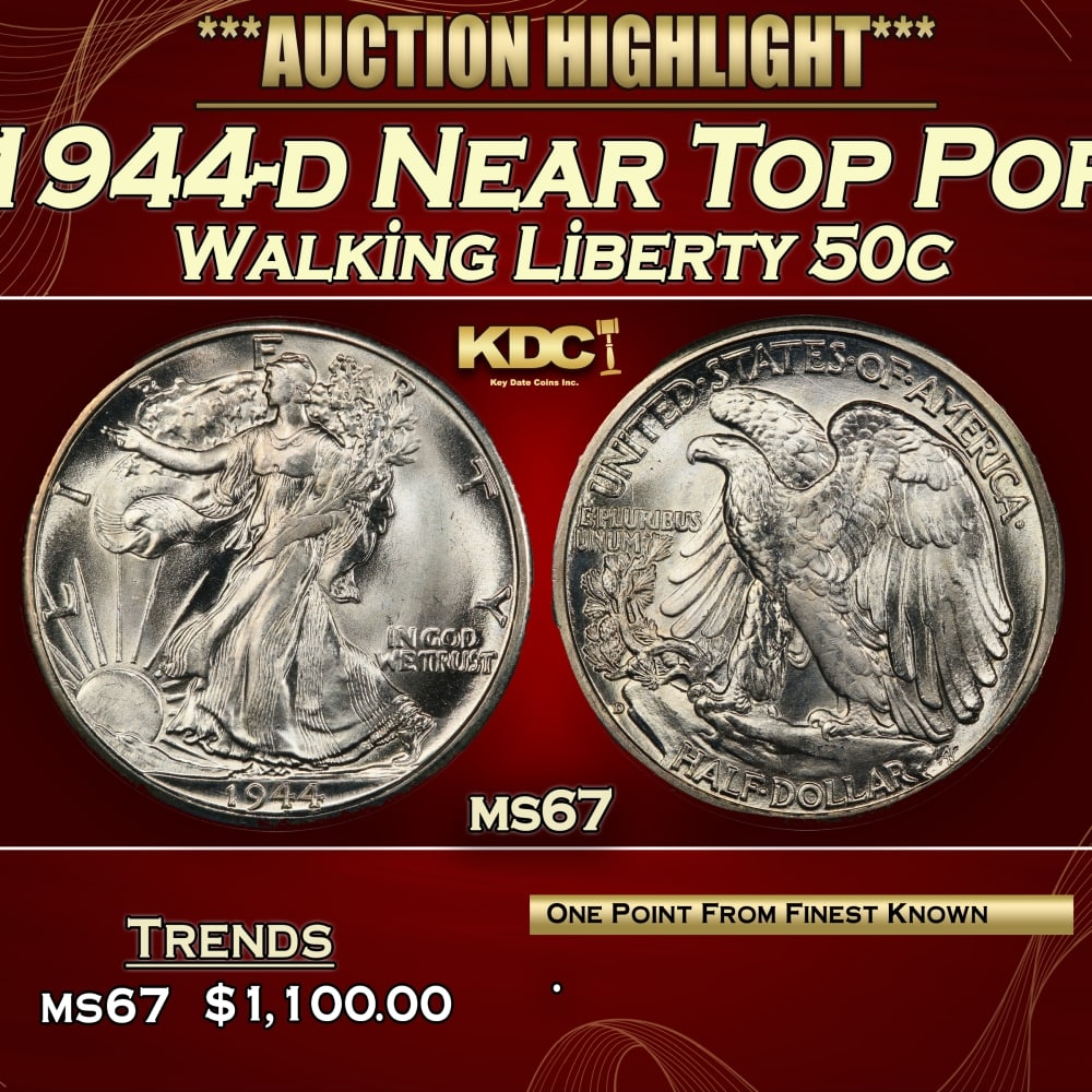 1944-d Walking Liberty Half Dollar Near Top Pop 50c ms67 SEGS: 1944-d Near Top Pop Walking Liberty Half Dollar 50c ms67 SEGS. 0