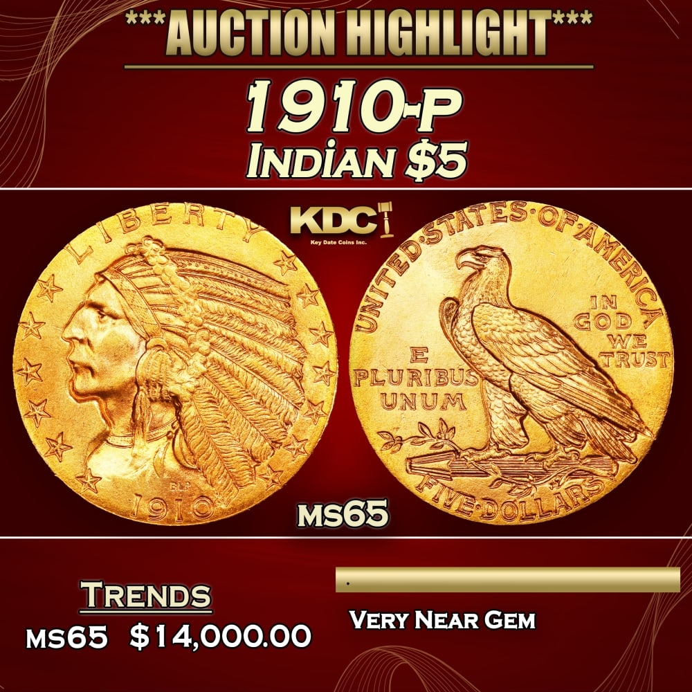 1910-p Gold Indian Half Eagle $5 ms64+ USCG (1 of 4)