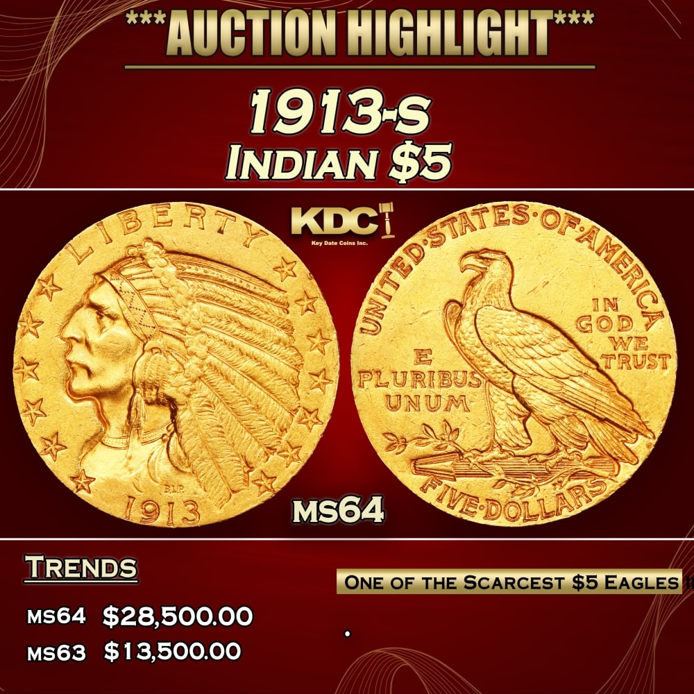 1913-s Gold Indian Half Eagle $5 ms64 USCG (1 of 4)