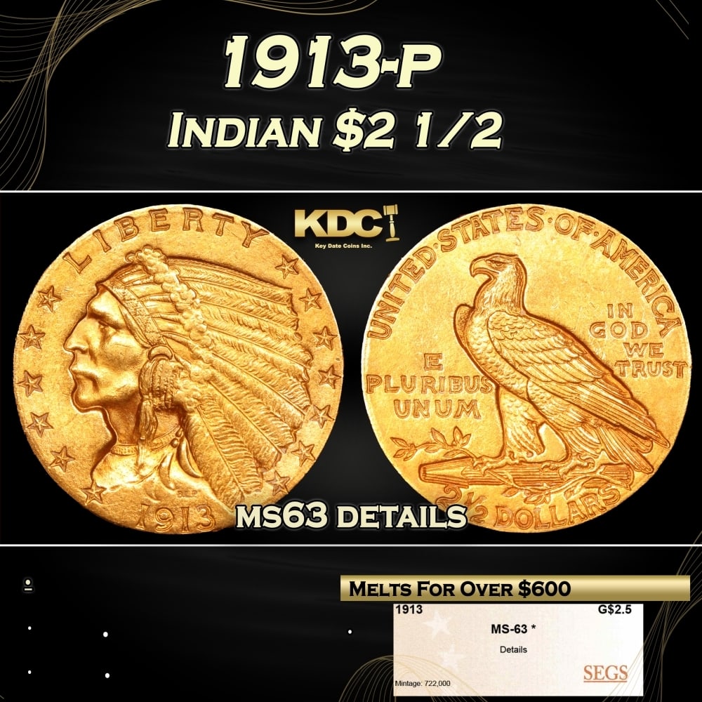 1913-p Gold Indian Quarter Eagle $2 1/2 ms63 details SEGS (1 of 4)