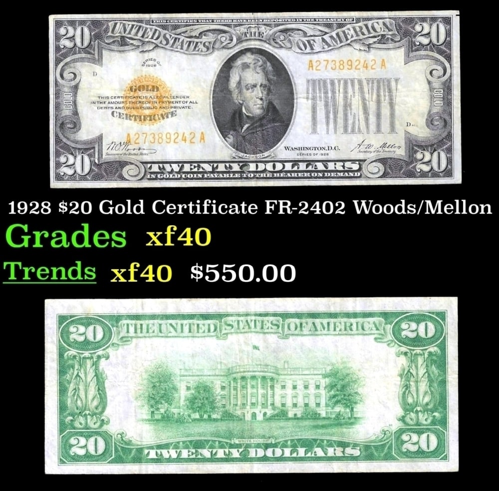 1928 $20 Gold Certificate FR-2402 Woods/Mellon Grades xf: 1928 $20 Gold Certificate FR-2402 Woods/Mellon Grades xf. The small size $20 gold certificate was only issued for 1928. Like other twenty dollar bills from the same year, this one shows a portrait of
