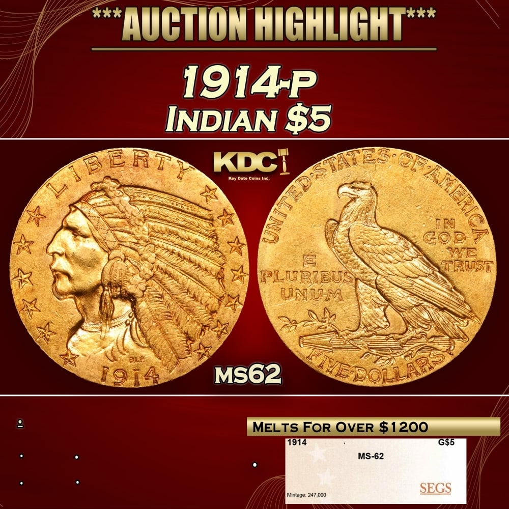 1914-p Gold Indian Half Eagle $5 ms62 SEGS (1 of 4)