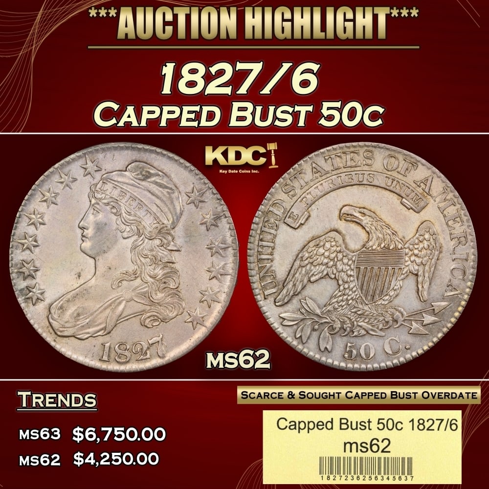 1827/6 Capped Bust Half Dollar 50c ms62 USCG (1 of 4)