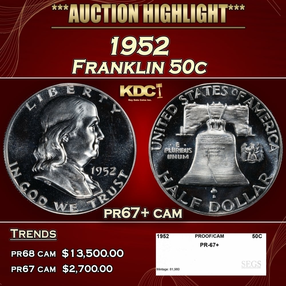 1952 Proof Franklin Half Dollar 50c pr67+ cam SEGS (1 of 4)