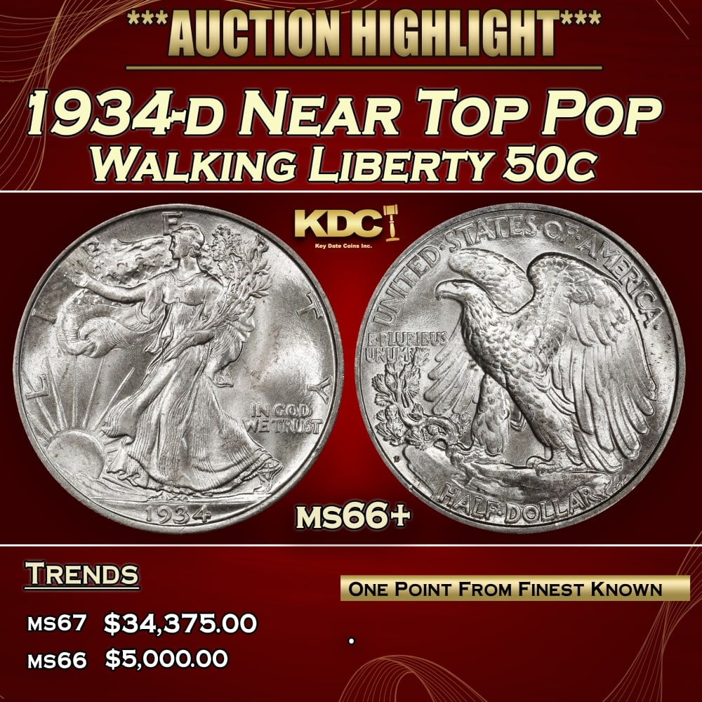 1934-d Walking Liberty Half Dollar Near Top Pop 50c ms66+ SEGS: 1934-d Near Top Pop Walking Liberty Half Dollar 50c ms66+ SEGS. 0