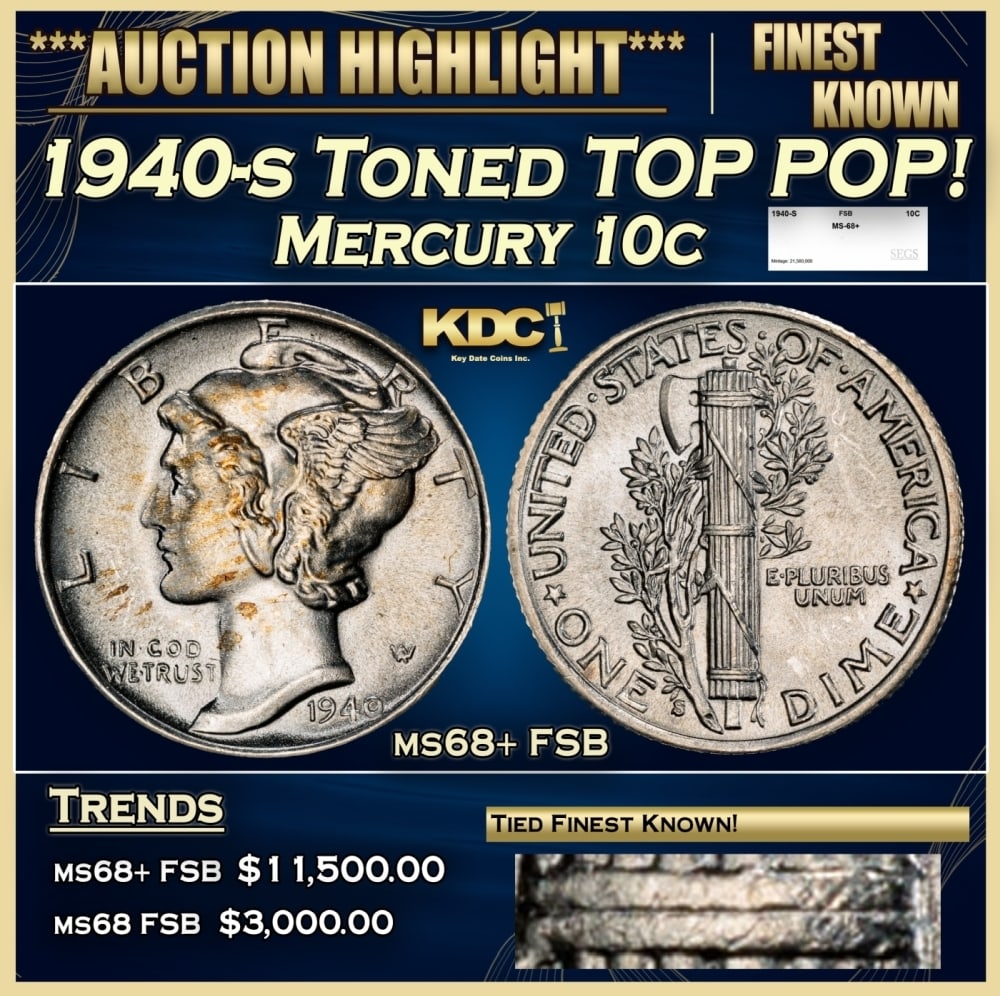 1940-s Mercury Dime Toned TOP POP! 10c ms68+ FSB SEGS (1 of 4)