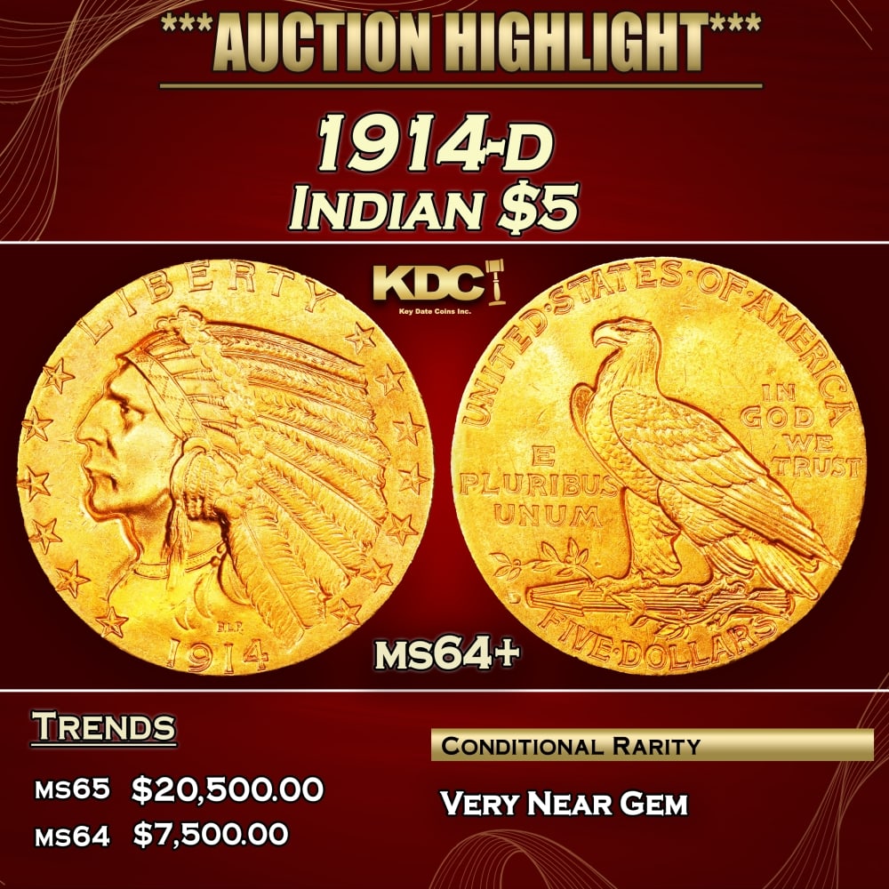1914-d Gold Indian Half Eagle $5 ms64+ USCG (1 of 4)