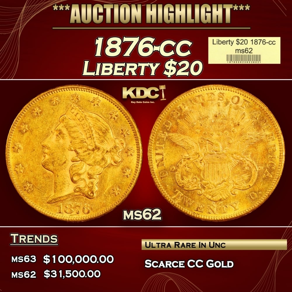 1876-cc Gold Liberty Double Eagle $20 ms62 USCG: 1876-cc Gold Liberty Double Eagle $20 ms62 USCG. 0
