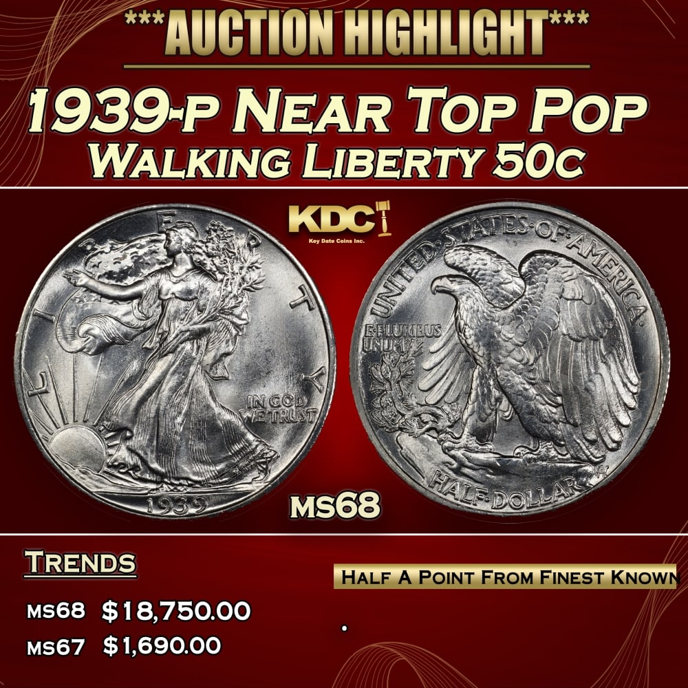 1939-p Walking Liberty Half Dollar Near Top Pop 50c ms68 SEGS: 1939-p Near Top Pop Walking Liberty Half Dollar 50c ms68 SEGS. 0