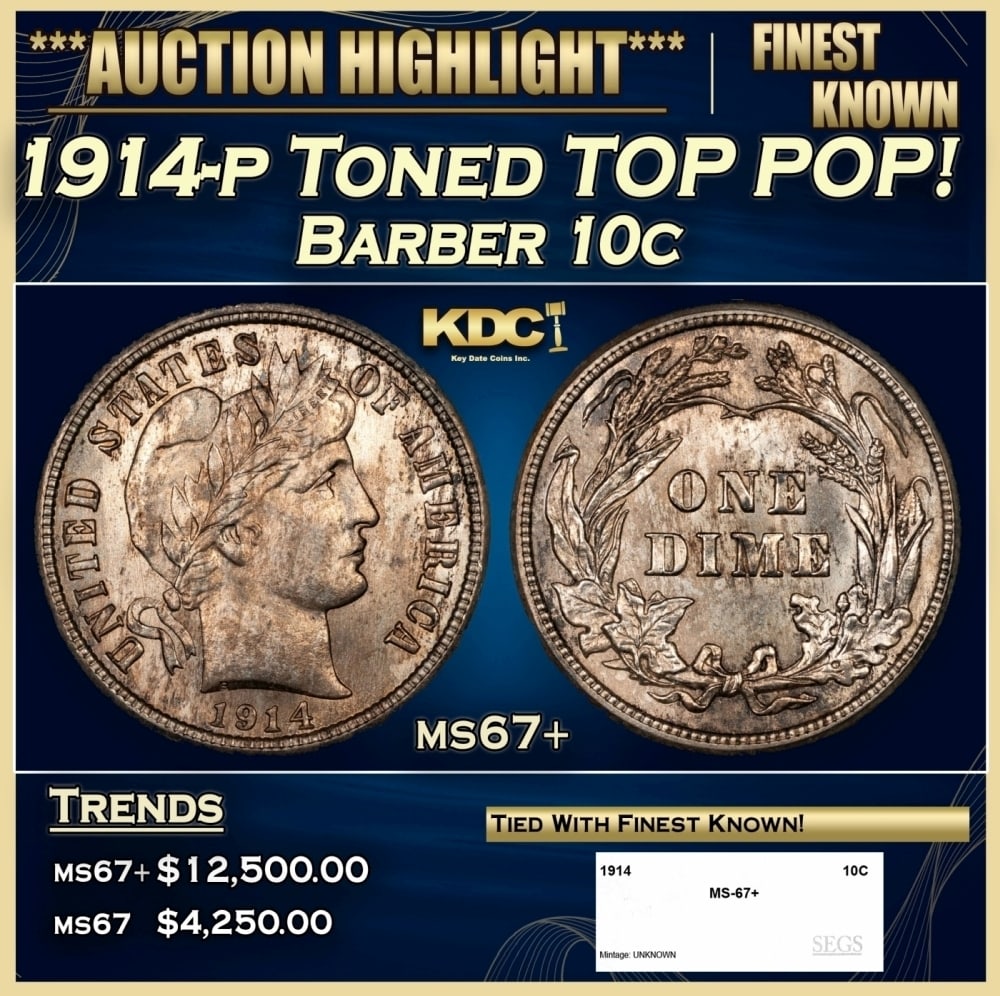 1914-p Barber Dime Toned TOP POP! 10c ms67+ SEGS (1 of 4)