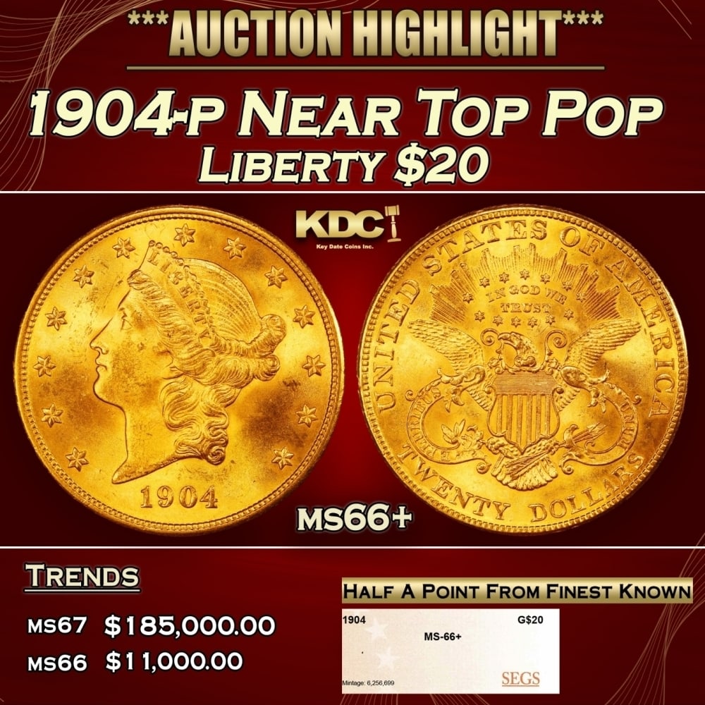 1904-p Gold Liberty Double Eagle Near Top Pop $20 ms66+ SEGS: 1904-p Near Top Pop Gold Liberty Double Eagle $20 ms66+ SEGS. 0