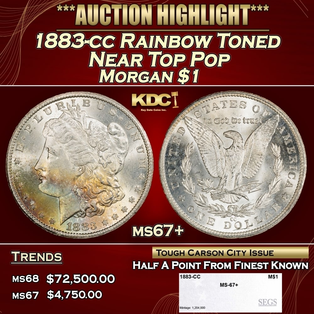 1883-cc Morgan Dollar Rainbow Toned Near Top Pop $1 ms67+ SEGS (1 of 4)