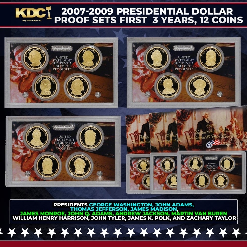 2007-2009 Presidential Dollar Proof Sets First 3 Years, 12 Coins In Original Government Packaging: 2007-2009 Presidential Dollar Proof Sets First 3 Years, 12 Coins In Original Government Packaging. Own the very first Presidential dollar Proofs – in their official U.S. Mint display holder! With th