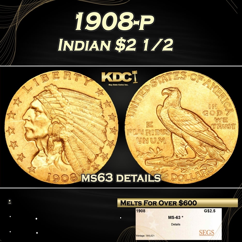 1908-p Gold Indian Quarter Eagle $2 1/2 ms63 details SEGS (1 of 4)