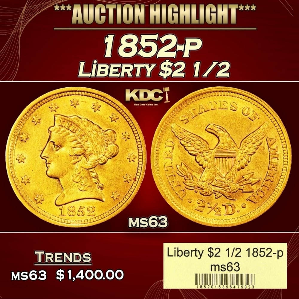 1852-p Gold Liberty Quarter Eagle $2 1/2 ms63 USCG: 1852-p Gold Liberty Quarter Eagle $2 1/2 ms63 USCG. 0