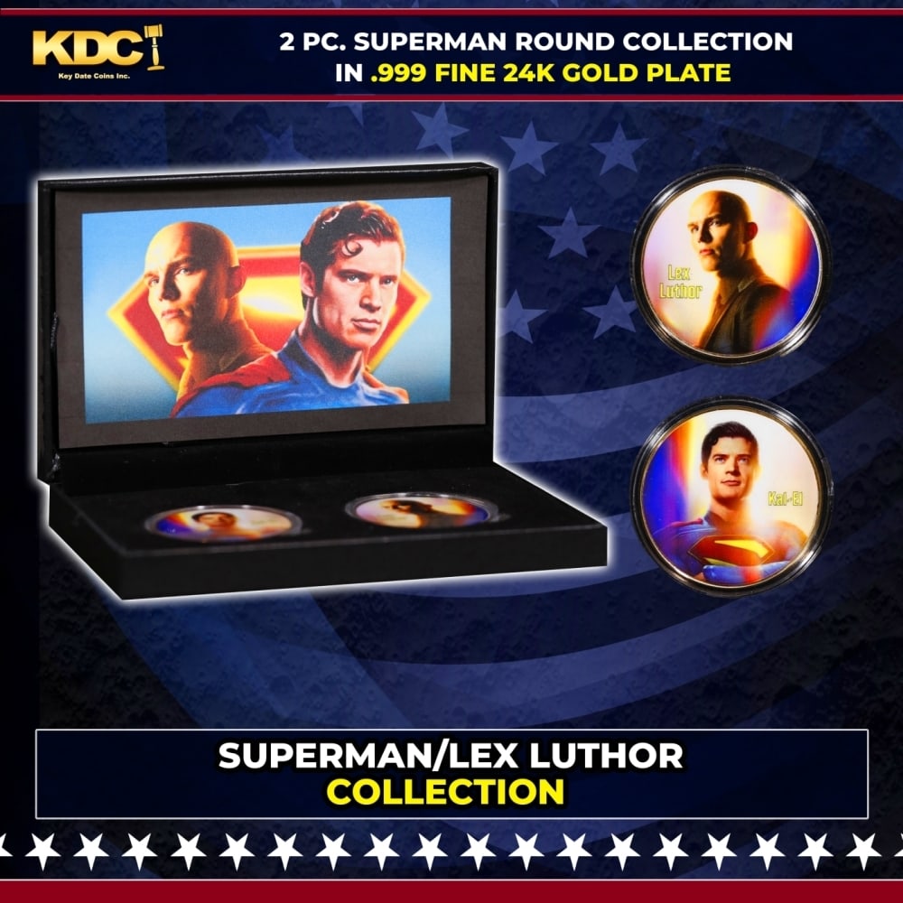 2 Coin Lex Luthor & Superman, James Gunn Gold Plated Round Collection In Custom Box W/ Special: 2 Coin Lex Luthor & Superman, James Gunn Gold Plated Round Collection In Custom Box W/ Special Backer card. Please Note All Backer Cards may have slight differences but will be very similar if not ide