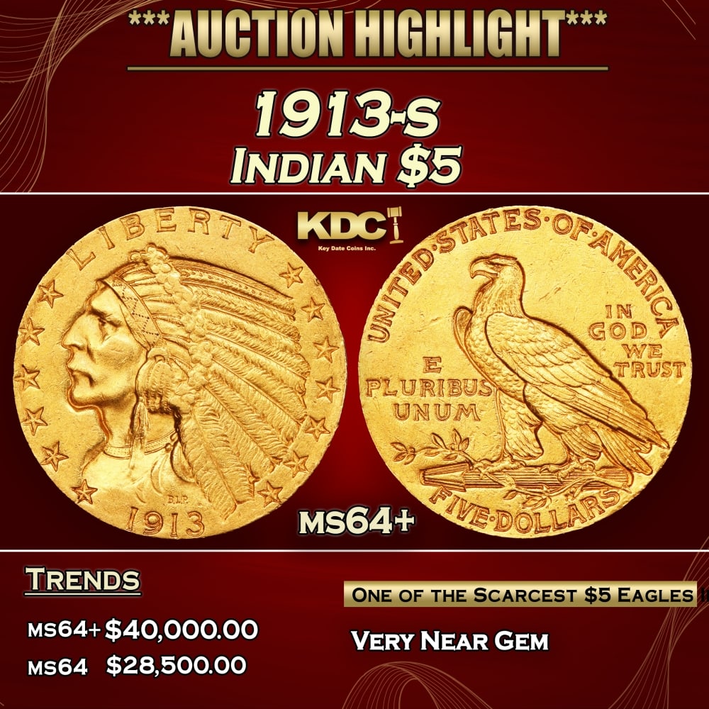 1913-s Gold Indian Half Eagle $5 ms64+ USCG (1 of 4)