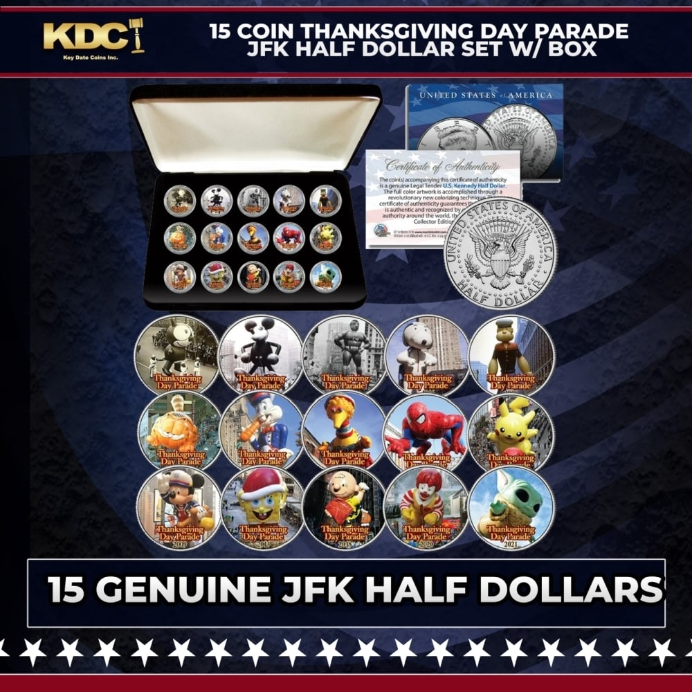 15 Coin Thanksgiving Day Parade JFK Half Dollar Set w/ Box Other Toy: 15 Coin Thanksgiving Day Parade JFK Half Dollar Set w/ Box. Don’t miss this opportunity to own a stunningly colorized THANKSGIVING DAY PARADE Complete 15-coin JFK Kennedy Half Dollar U.S. Coin Colle