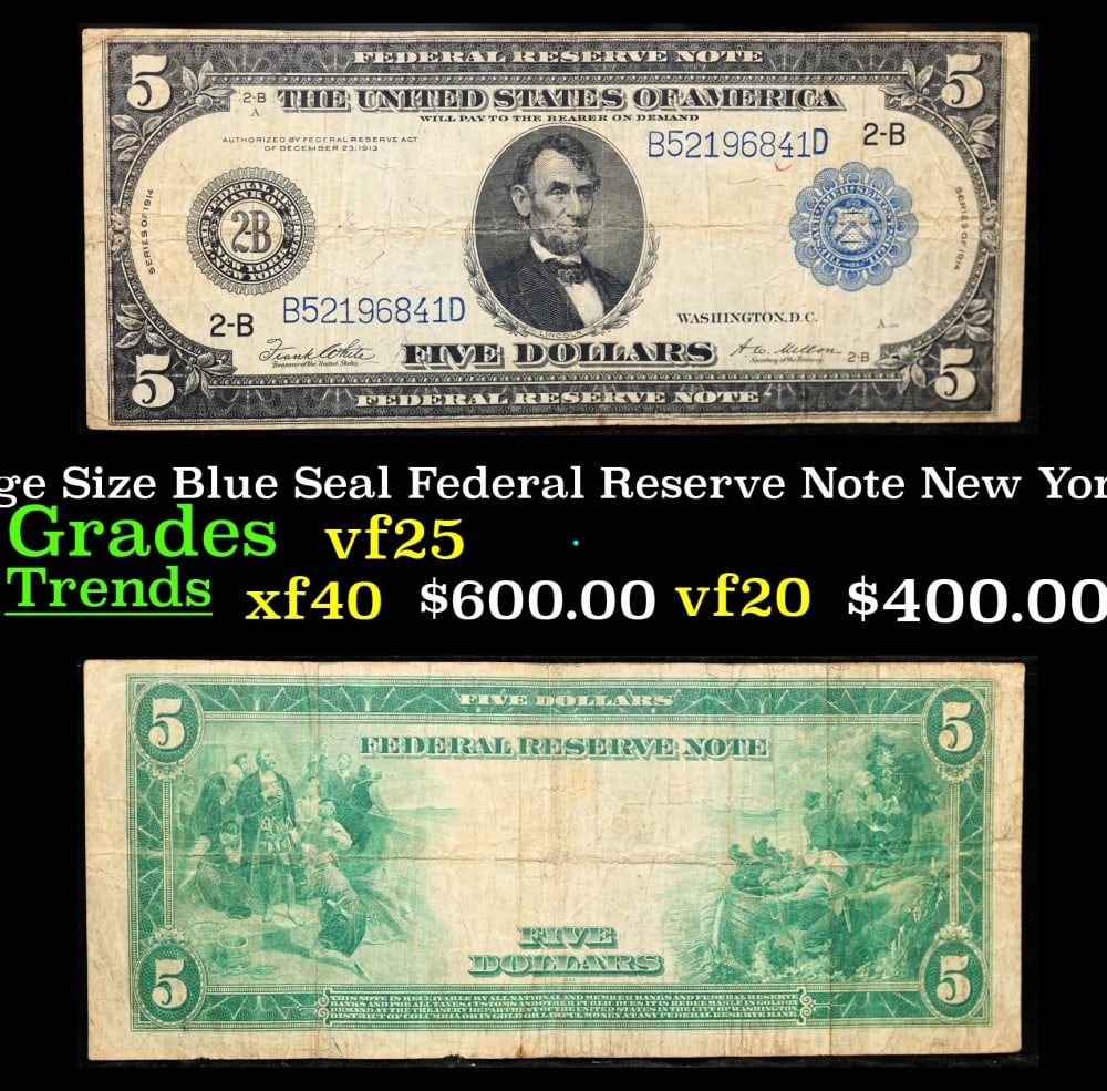 1914 $5 Large Size Blue Seal Federal Reserve Note New York, NY Grades vf+ FR-848 (1 of 3)