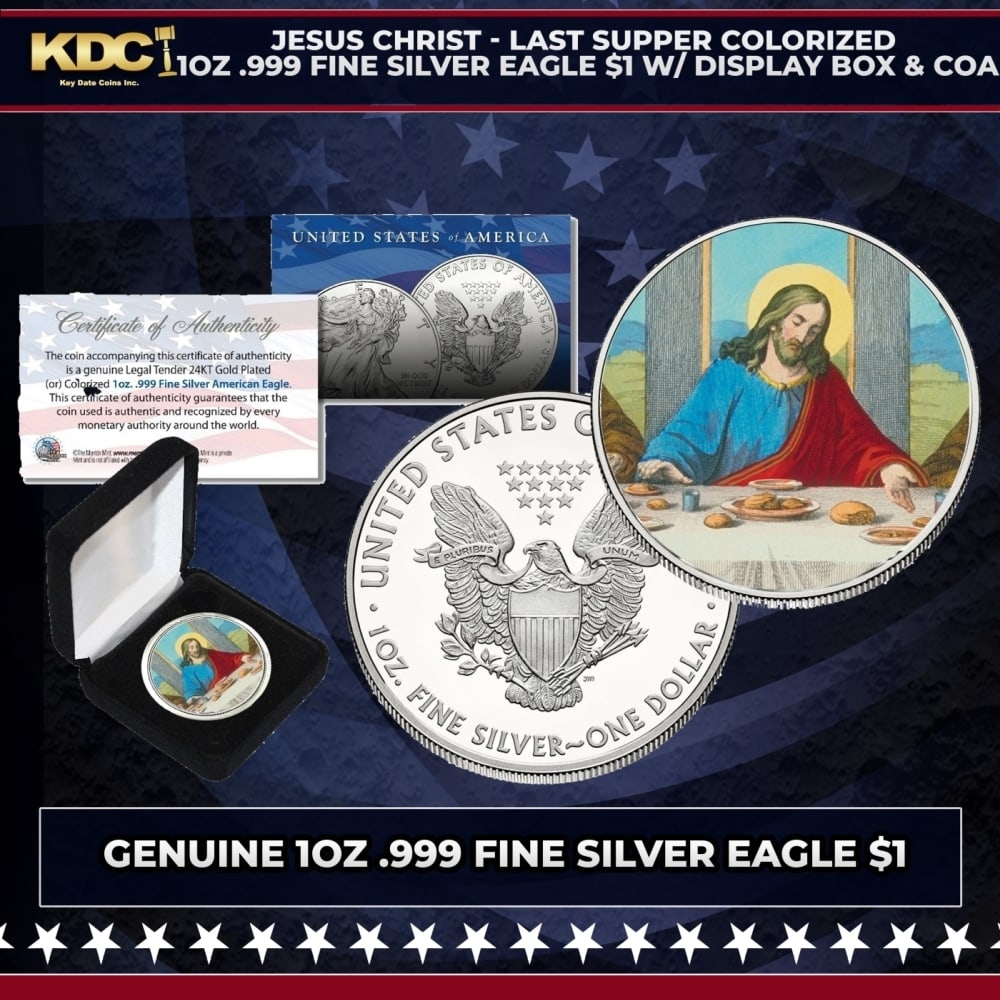Jesus Christ - Last Supper Colorized 1oz .999 Fine Silver Eagle $1 w/ Display Box & COA Other Toy: Jesus Christ - Last Supper Colorized 1oz .999 Fine Silver Eagle $1 w/ Display Box & COA. Here’s your chance to own a stunning JESUS CHRIST - LAST SUPPER colorized American Silver Eagle Dollar coin,