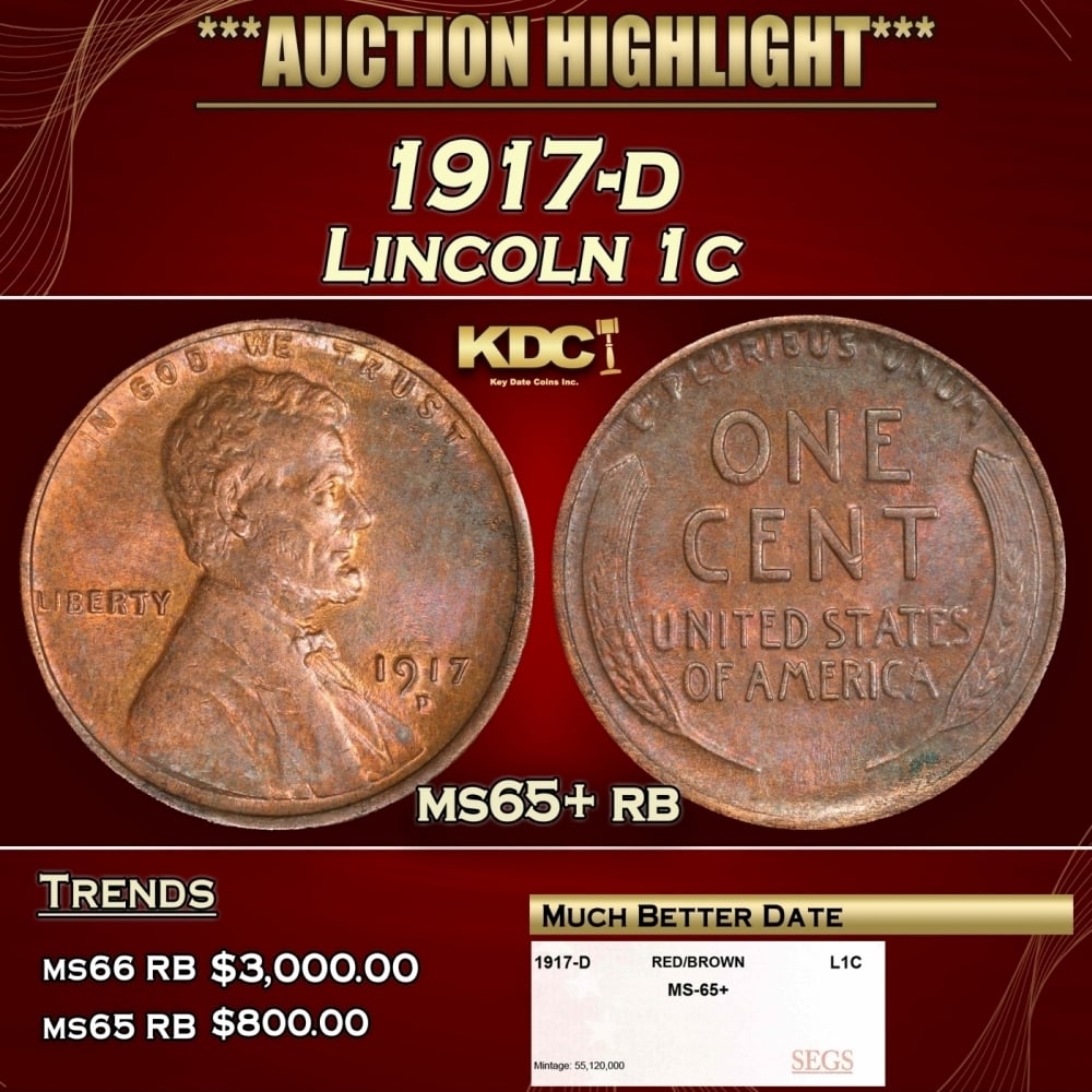 1917-d Lincoln Cent 1c ms65+ rb SEGS (1 of 4)