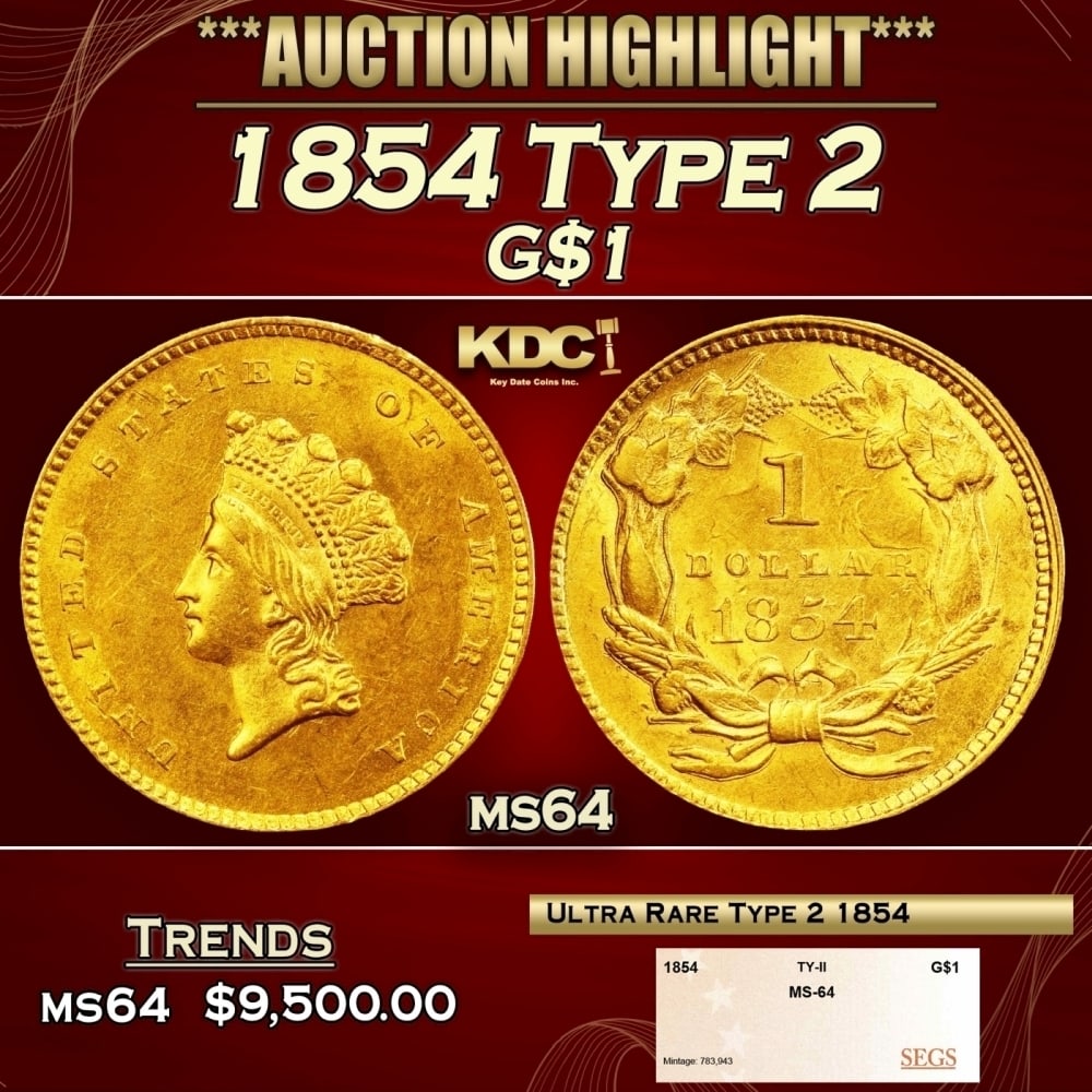 1854 Type 2 Gold Dollar $1 ms64 SEGS (1 of 4)