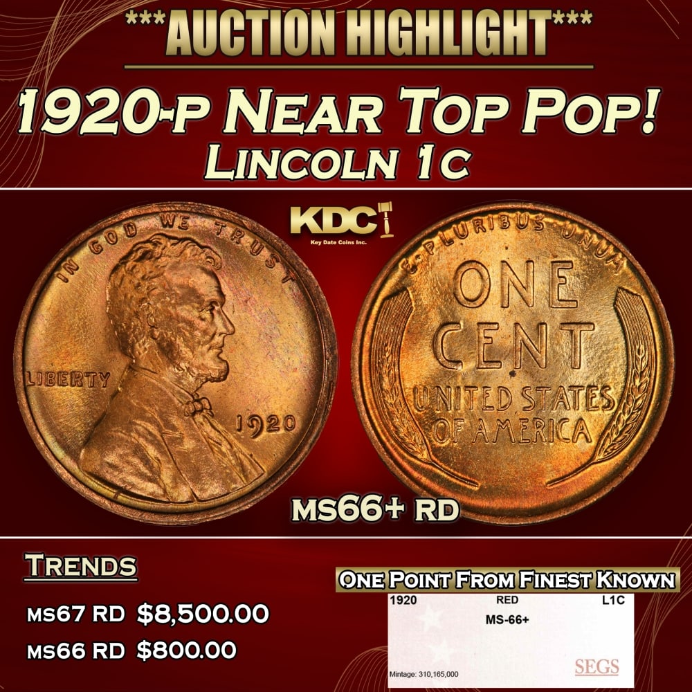 1920-p Lincoln Cent Near Top Pop! 1c ms66+ rd SEGS (1 of 4)