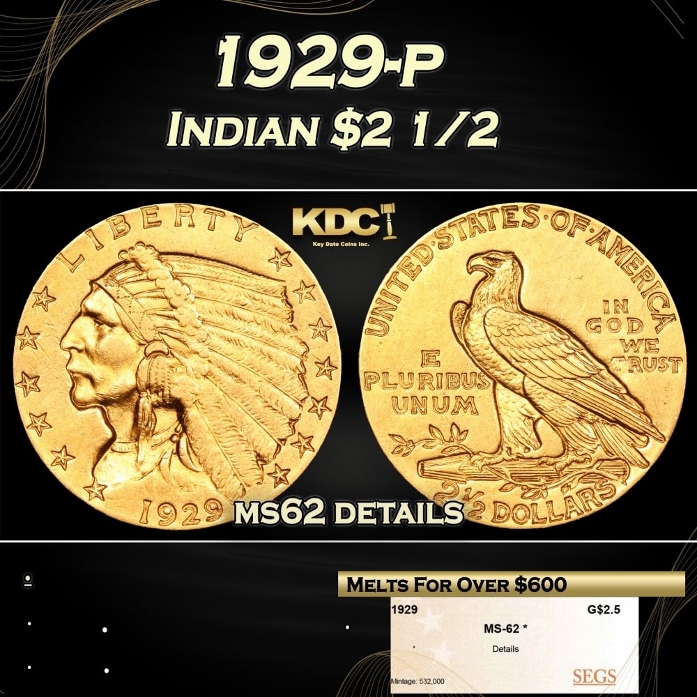 1929-p Gold Indian Quarter Eagle $2 1/2 ms62 details SEGS (1 of 4)