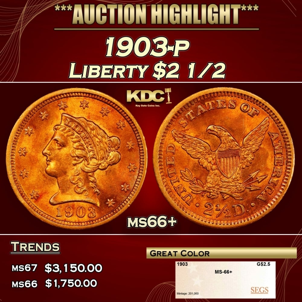 1903-p Gold Liberty Quarter Eagle $2 1/2 ms66+ SEGS: 1903-p Gold Liberty Quarter Eagle $2 1/2 ms66+ SEGS. 0