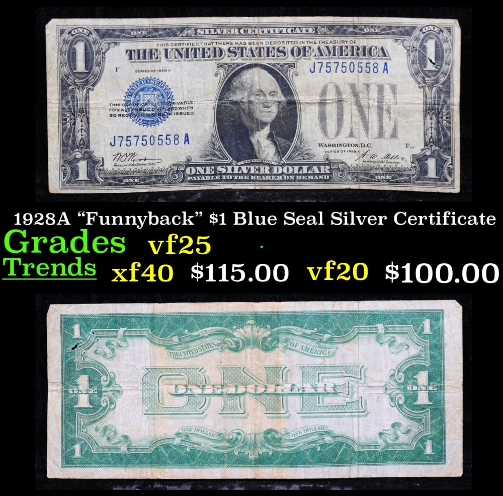 1928A $1 Blue Seal Silver Certificate "Funnyback" Grades vf+: 1928A $1 Blue Seal Silver Certificate "Funnyback" Grades vf+. FR-1601 Signatures Woods-Mellon These were the first notes to be called funnybacks. The reason they are called funnybacks is because of th