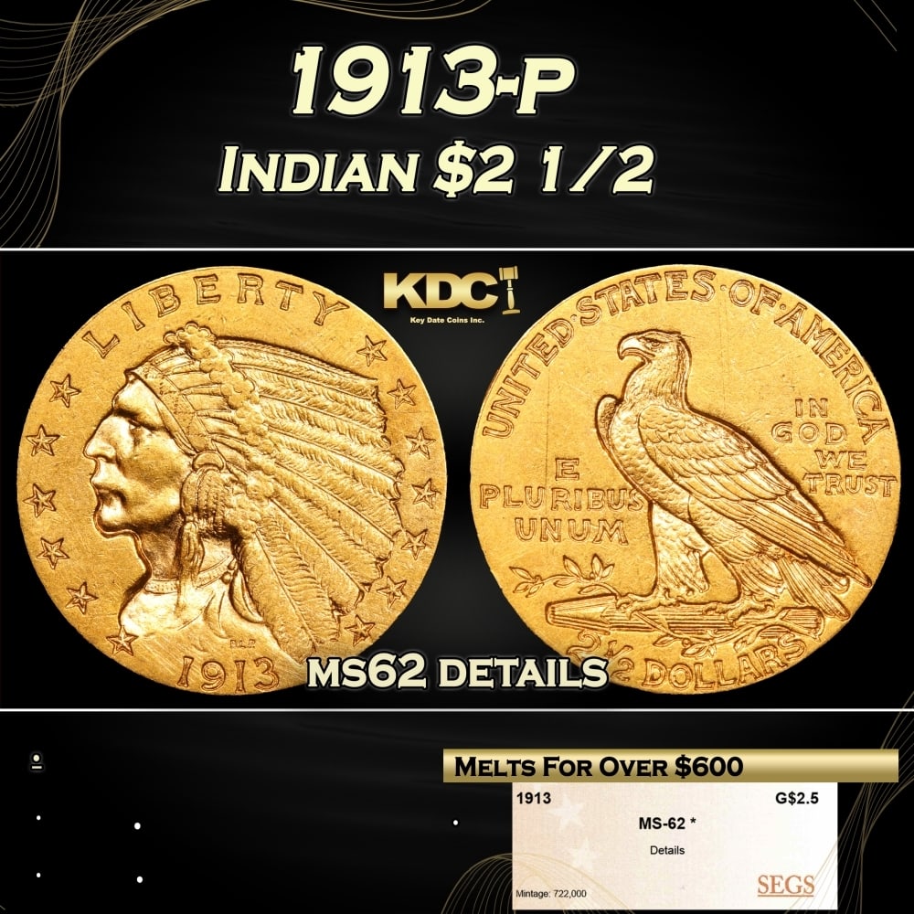 1913-p Gold Indian Quarter Eagle $2 1/2 ms62 details SEGS (1 of 4)