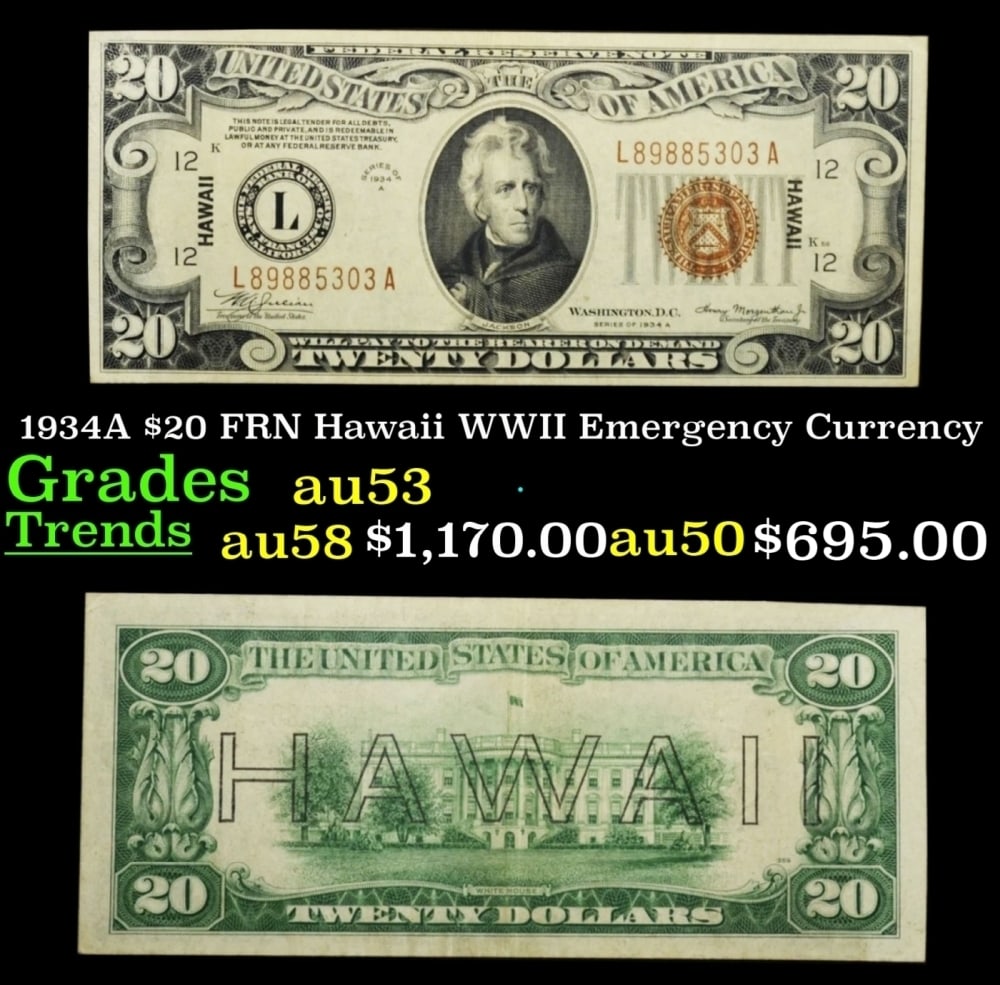 1934A $20 FRN Hawaii WWII Emergency Currency Grades Select AU (1 of 3)