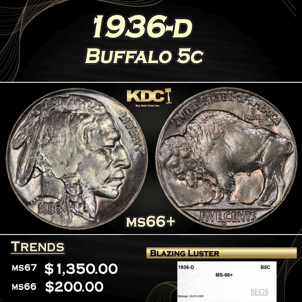 1936-d Buffalo Nickel 5c ms66+ SEGS (1 of 4)