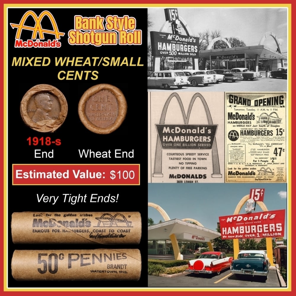 Lincoln Wheat Cent 1c Mixed Roll Orig Brandt McDonalds Wrapper, 1918-s end, Wheat other end: Lincoln Wheat Cent 1c Mixed Roll Orig Brandt McDonalds Wrapper, 1918-s end, Wheat other end. Lincoln Wheat Cent 1c mixed original Shotgun Roll. Actual roll pictured is the roll you will get. A great o