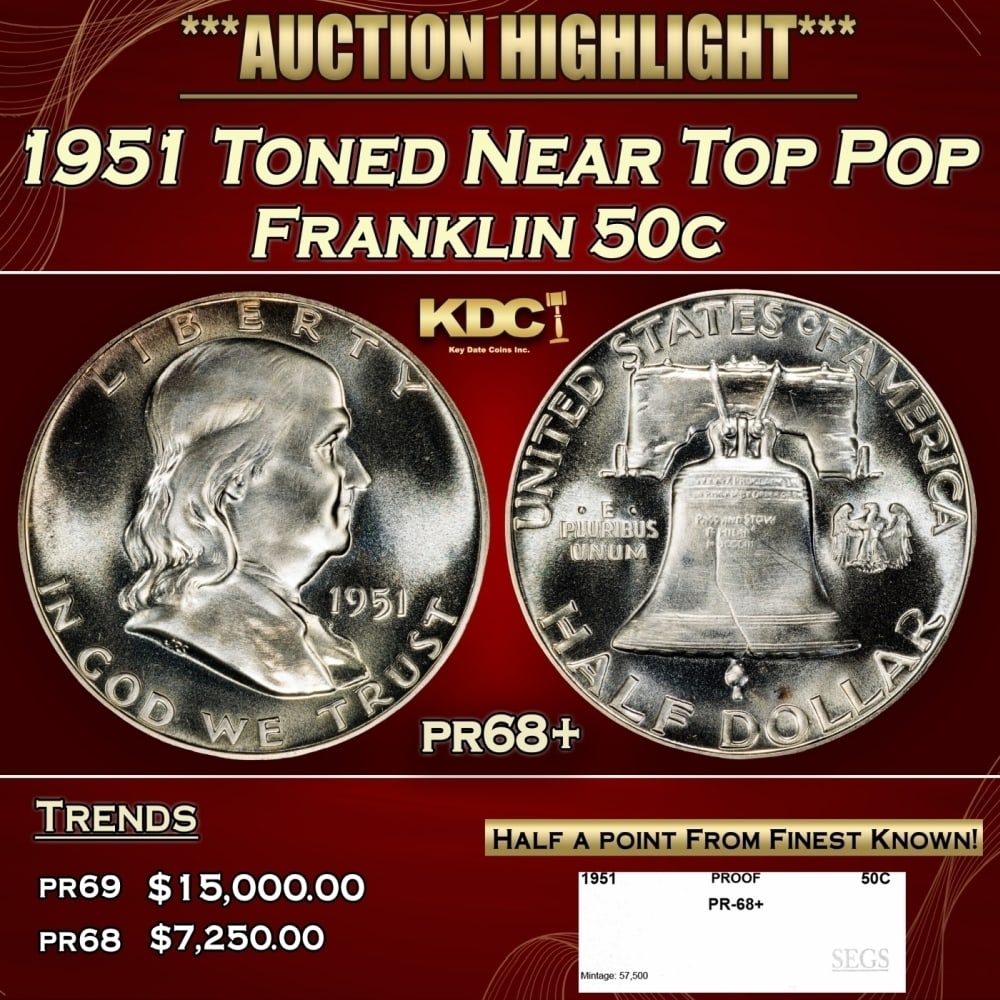 1951 Proof Franklin Half Dollar Toned Near Top Pop 50c pr68+ SEGS (1 of 4)