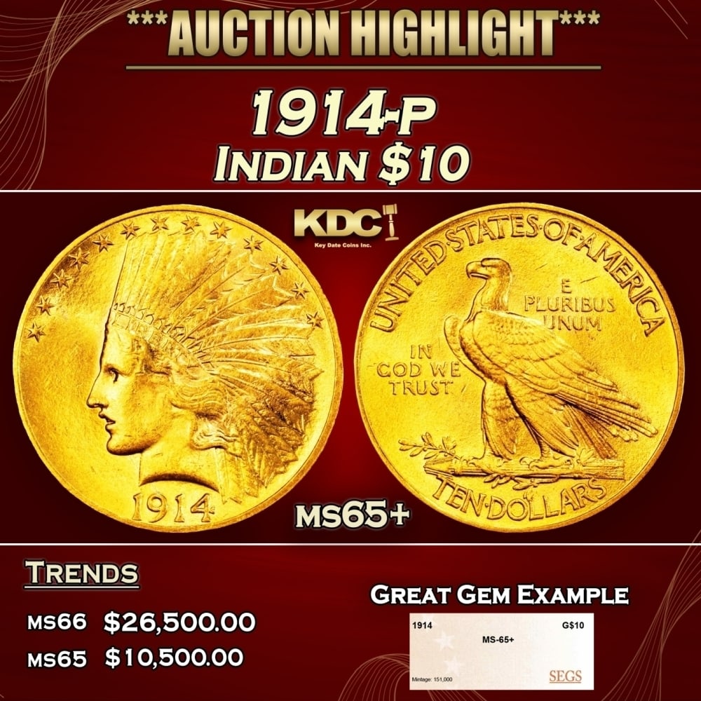 1914-p Gold Indian Eagle $10 ms65+ SEGS (1 of 4)