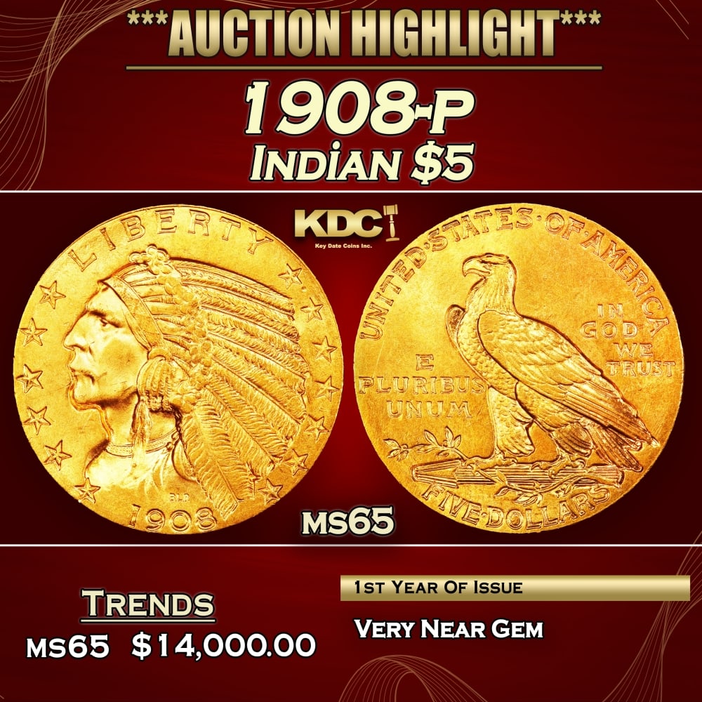 1908-p Gold Indian Half Eagle $5 ms64+ USCG (1 of 4)