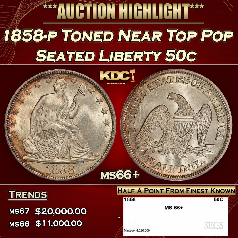 1858-p Seated Half Dollar Toned Near Top Pop 50c ms66+ SEGS (1 of 4)