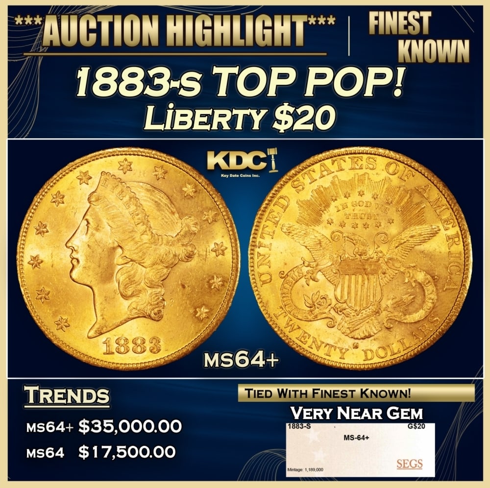 1883-s Gold Liberty Double Eagle TOP POP! $20 ms64+ SEGS: 1883-s TOP POP! Gold Liberty Double Eagle $20 ms64+ SEGS. 0