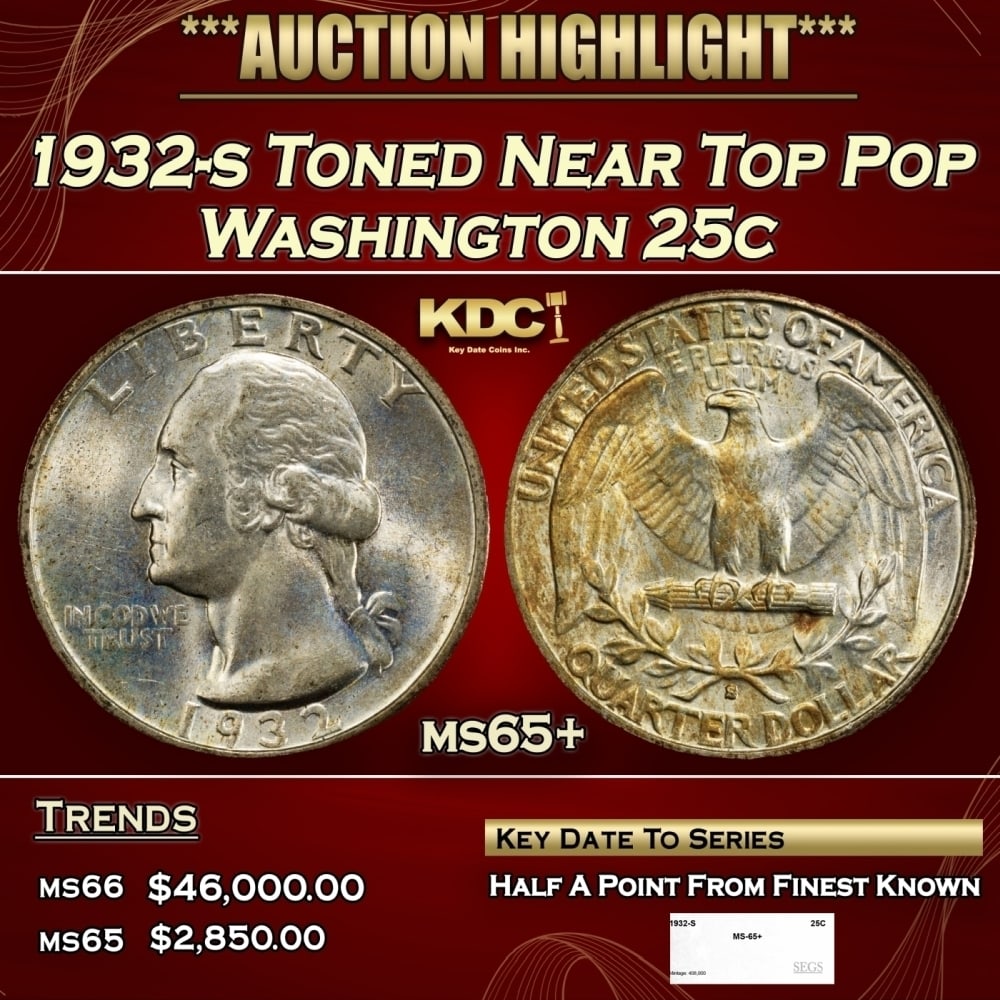 1932-s Washington Quarter Toned Near Top Pop 25c ms65+ SEGS (1 of 4)
