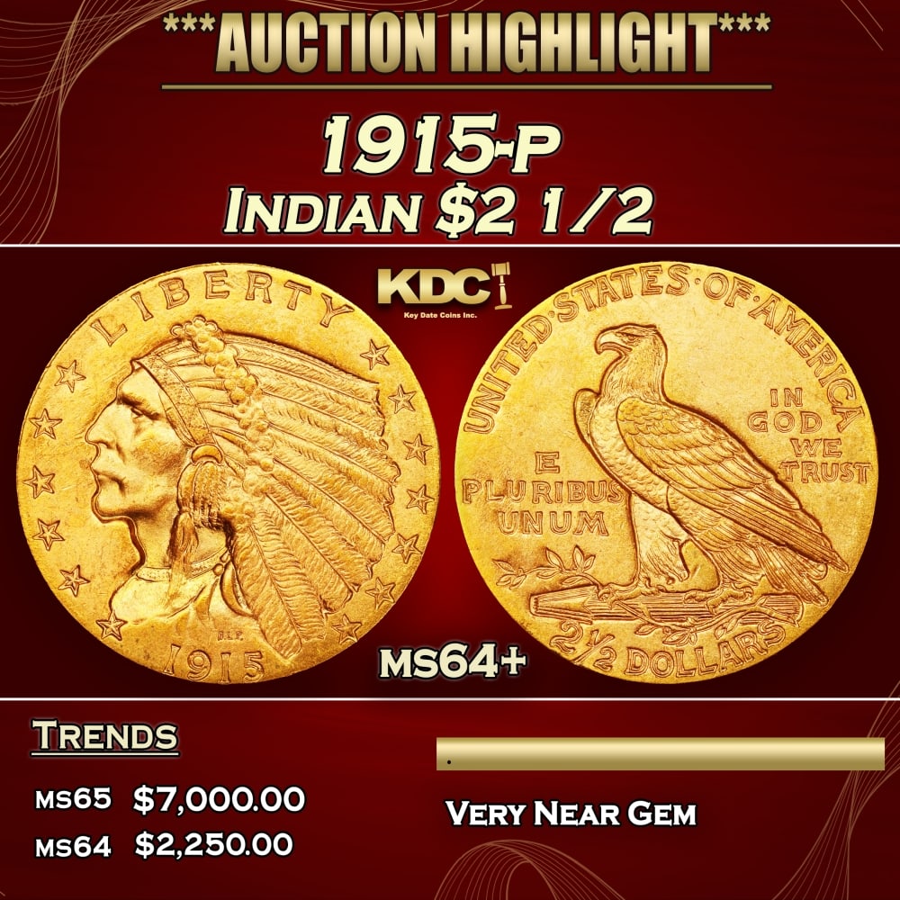 1915-p Gold Indian Quarter Eagle $2 1/2 ms64+ SEGS: 1915-p Gold Indian Quarter Eagle $2 1/2 ms64+ SEGS. Historic precious metal trends is causing increased spot pricing by the day. On auctions with set openings, we are doing our best to have items pric