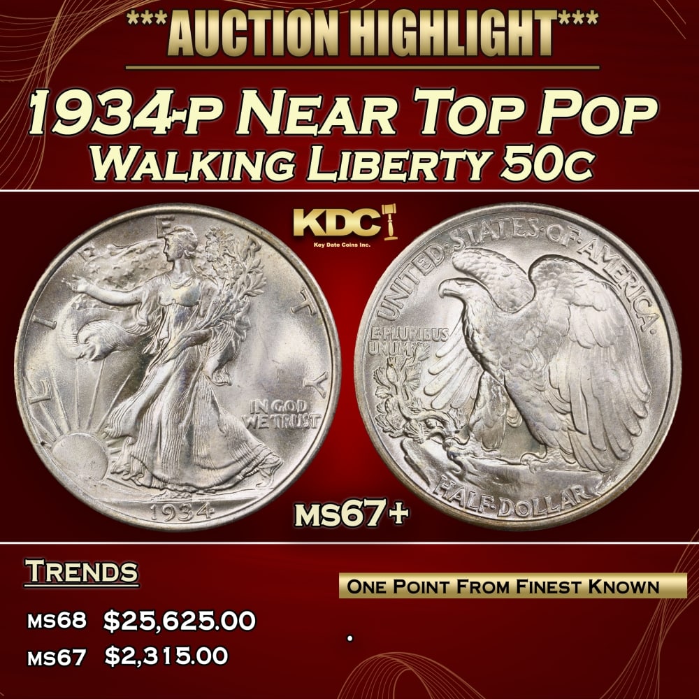 1934-p Walking Liberty Half Dollar Near Top Pop 50c ms67+ SEGS: 1934-p Near Top Pop Walking Liberty Half Dollar 50c ms67+ SEGS. 0