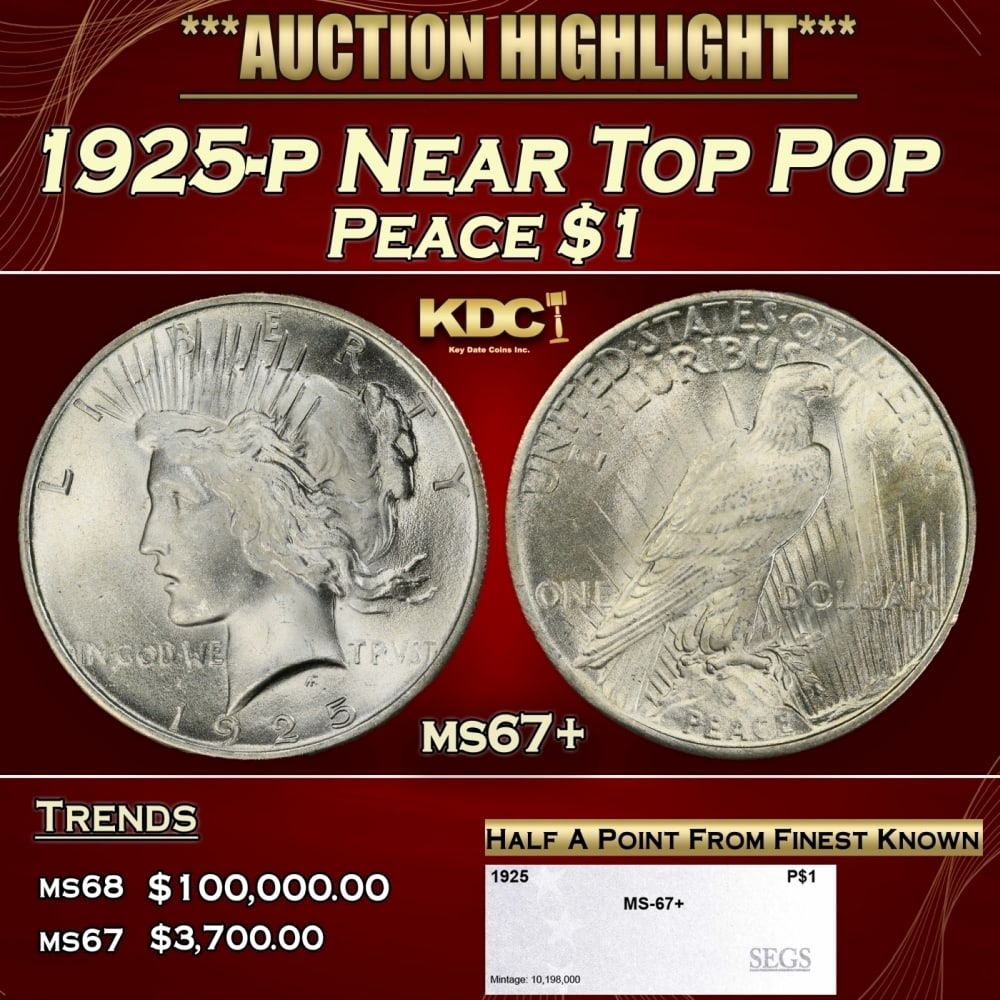 1925-p Peace Dollar Near Top Pop $1 ms67+ SEGS: 1925-p Near Top Pop Peace Dollar $1 ms67+ SEGS. 0