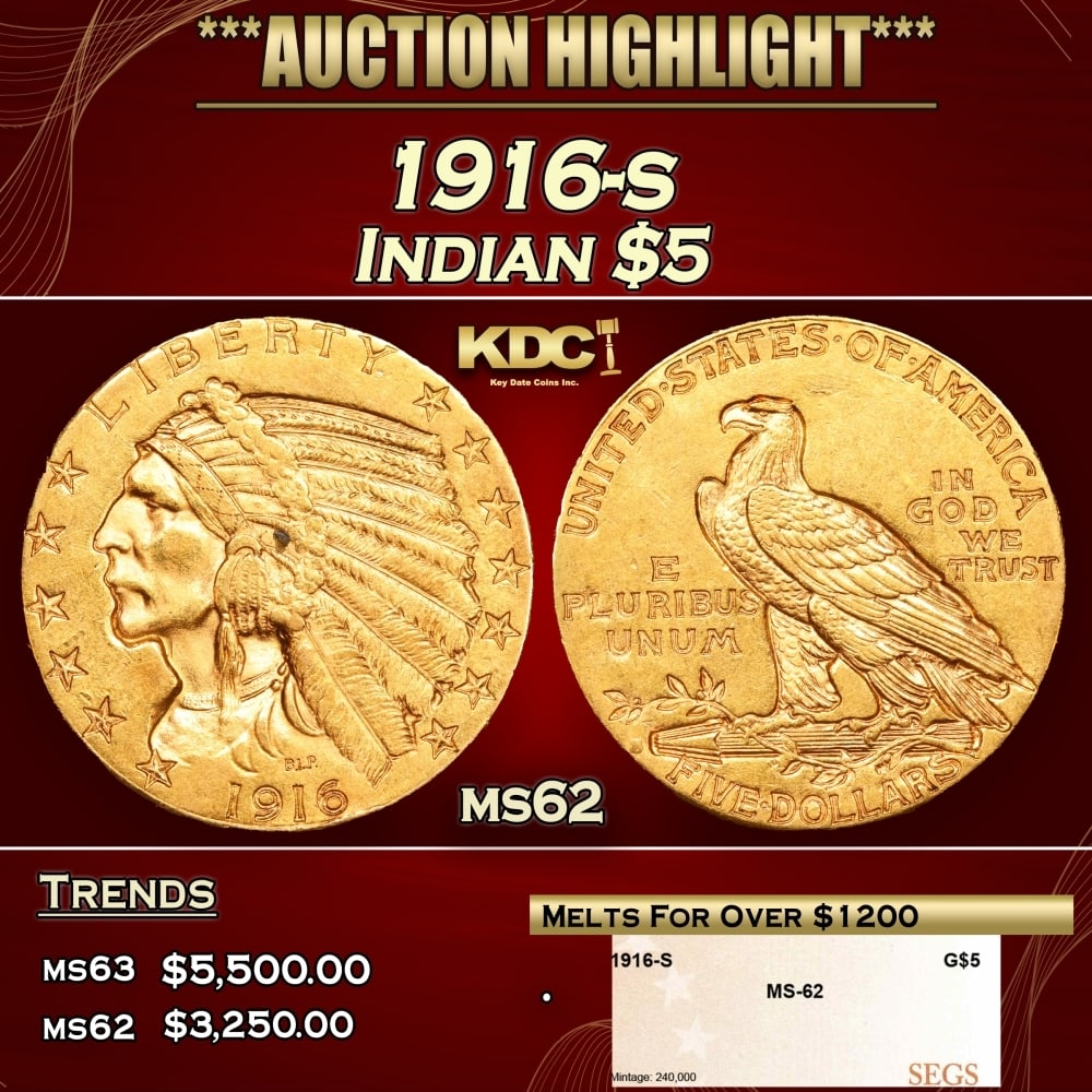 1916-s Gold Indian Half Eagle $5 ms62 SEGS (1 of 4)