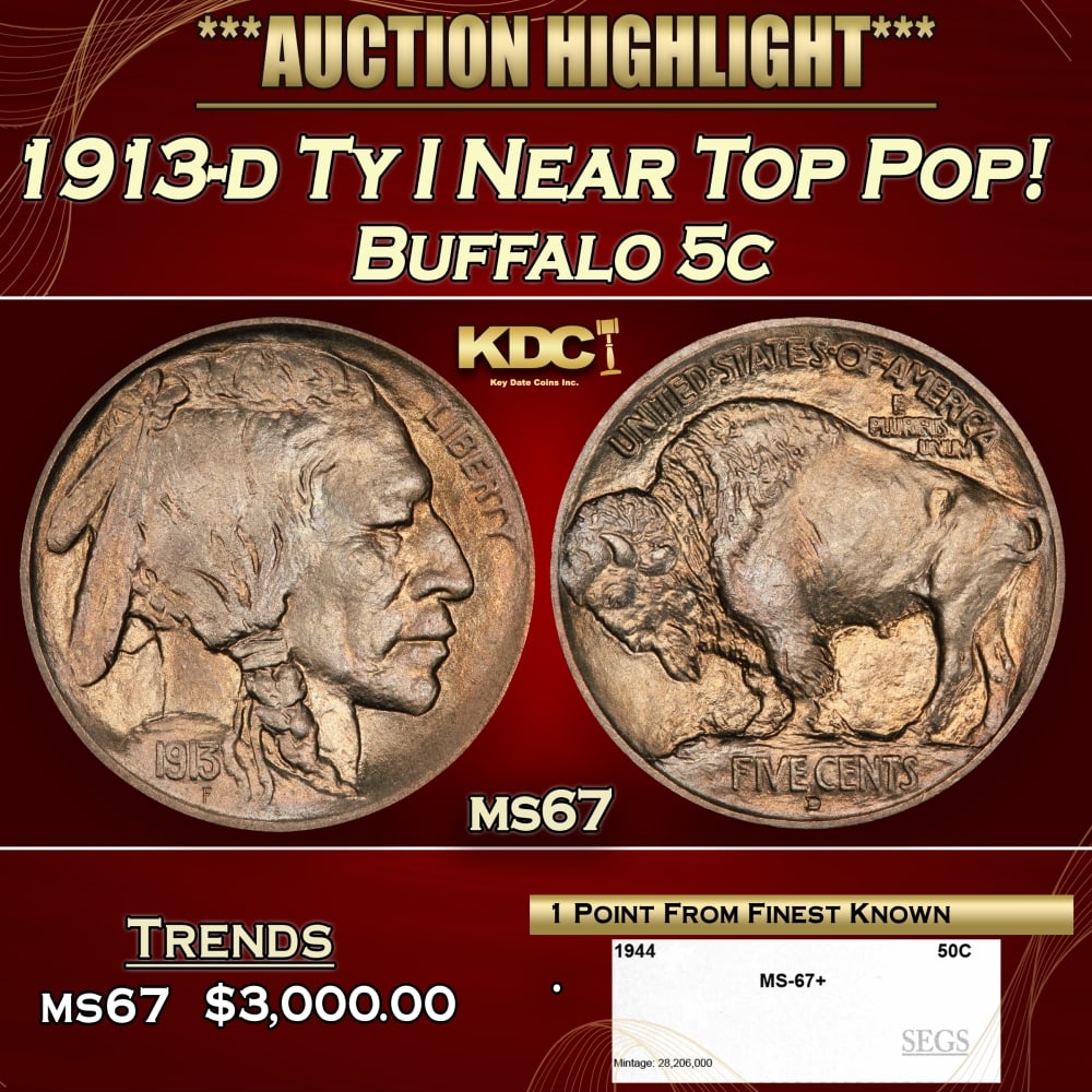 1913-d Ty I Buffalo Nickel Near Top Pop! 5c ms67 SEGS: 1913-d Ty I Near Top Pop! Buffalo Nickel 5c ms67 SEGS. 0