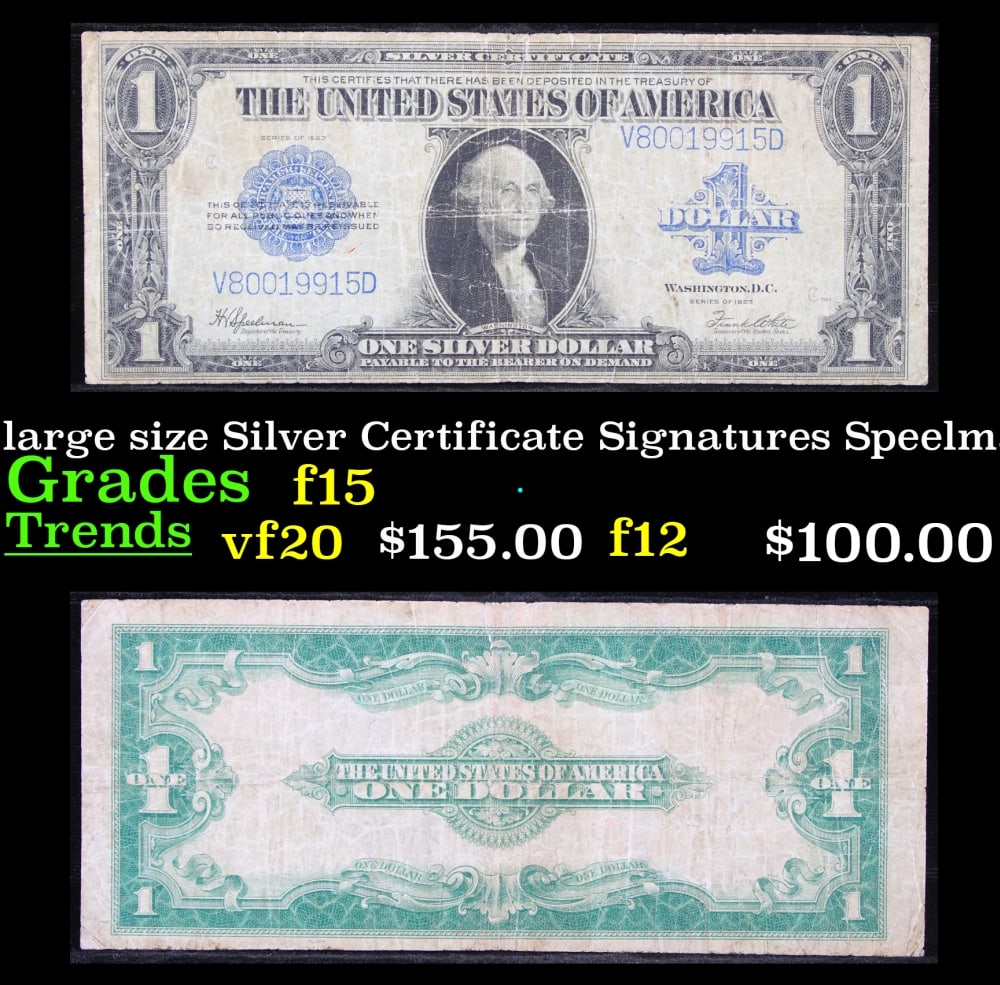 1923 $1 large size Silver Certificate Grades f+ Signatures Speelman/White: 1923 $1 large size Silver Certificate Grades f+ Signatures Speelman/White. Fr-237 The term “horse blanket” gets used a lot when talking about large size currency. It is most frequently used to