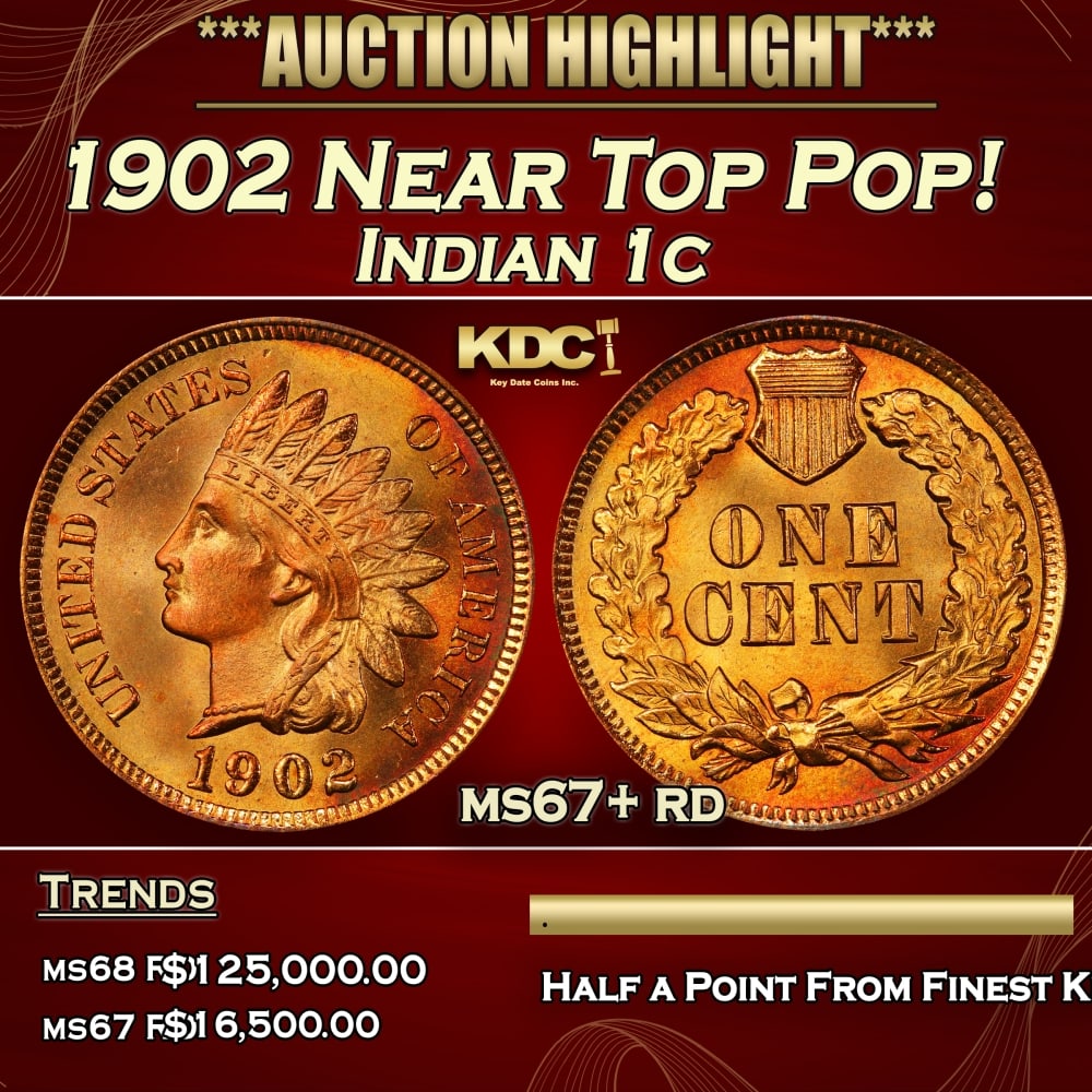 1902 Indian Cent Near Top Pop! 1c ms67+ rd SEGS: 1902 Near Top Pop! Indian Cent 1c ms67+ rd SEGS. 0