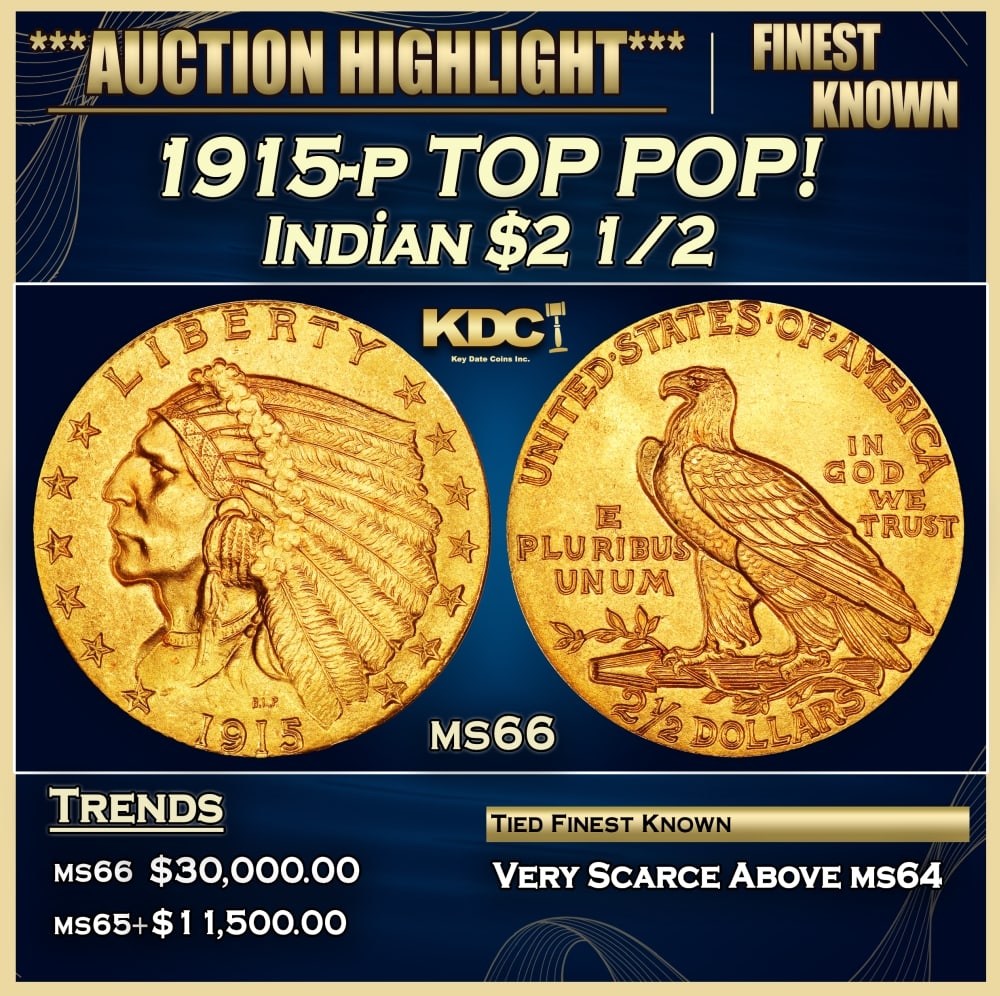 1915-p Gold Indian Quarter Eagle TOP POP! $2 1/2 ms66 USCG: 1915-p TOP POP! Gold Indian Quarter Eagle $2 1/2 ms66 USCG. The 1915 survives in great numbers through MS64, but like most other issues in Bela Lyon Pratt's Indian quarter eagle series, the population