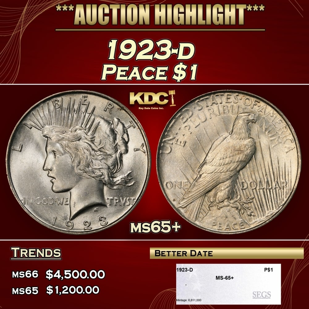 1923-d Peace Dollar $1 ms65+ SEGS (1 of 4)